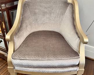 $550 - Neoclassic style custom upholstered armchair, 27L x28W x 38H (some nicks on legs)