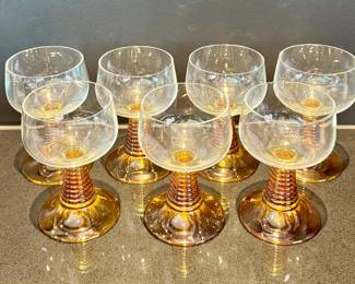 $88- Set of 7 vintage beehive stem wine goblets, 3x3x5. There is an 8th glass, has a small chip on rim.