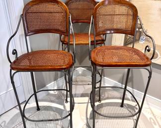 $200/each - Vintage Drexel Heritage wrought iron, wood and caned bar stools, 18 x 16 x 46.5.