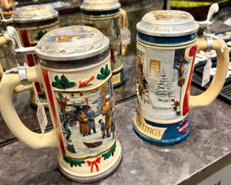 Large collection of beer steins ranging in price from $10 to $100.