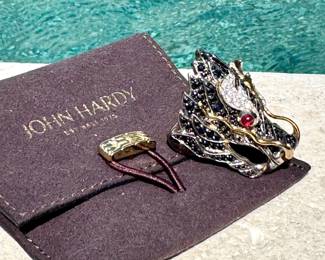 John Hardy Naga Dragon ring with silver, 18kt gold, sapphires, diamonds and rubies, size 7. Call to inquire for pricing.