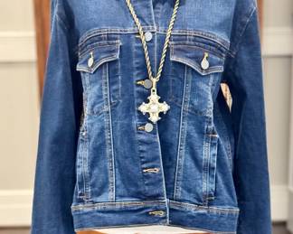 $70 - Scully bling fringe denim jacket, size large.
