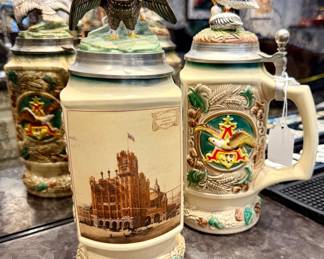 Large collection of beer steins ranging in price from $10 to $100.