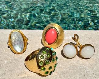 Left to right ($150 - Julie Vos Canes Ring size 8) ($48 - Gold toned domed ring size 7) ($28 - Gold resin ring size 7) ($30 - Marked w/925 white double stone ring size 7 w/ open back)