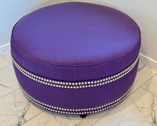 $450 - Large round ottoman custom upholstered with nail head trim, on casters. Excellent condition! 36D x 17H