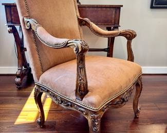 $900/Pair of Louis XV style high-back suede upholstered armchairs with ornate wood carvings and nailhead trim. Two available sold as a pair. - 28x22x46