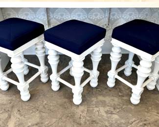 $750 - Set of 3 custom upholstered solid wood counter stools, 16x16x29