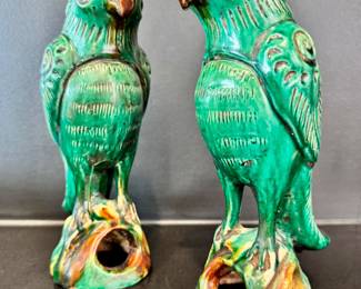 $400- Pair of vintage Chinese Sancai green glazed ceramic parrots, 9” tall