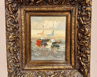 SOLD - Impressionistic oil painting depicting small boats in harbor, 16x18