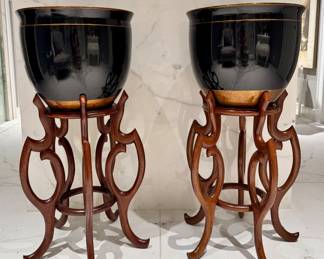 $500 - Black porcelain planter with bronze accents. Stand included. Two available, priced individually. 16’w x 13”h