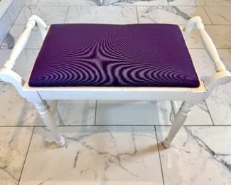 $40 - Small vanity bench in custom upholstered fabric, hand painted in white. - 25L x 13W x 20H