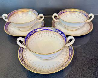 $300 - Spode Copeland Cobalt gold filigree and diamond soup bowl and saucers. Set of 15 soup bowls and 18 saucers. Soup bowl is 5.5” wide with handles.