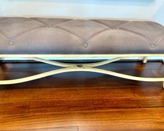 $600 - French style gold gilt bench in custom upholstered grey tufted fabric - 60 x19x19