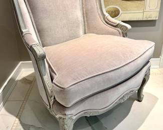 $650/each. 2 avail. - Hand distressed, Painted French style bergere chair custom upholstered in gray velvet. 32L x 23W x 39H . Each show some fading on the fabric due to the brilliant lighting in this part of the home.