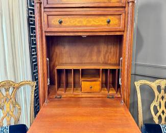 $650 - Four drawer secretary desk with inlay scroll design, 33L x 16W x 72H