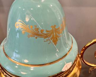 $2,600 - Limoges gold plated urn designed in “se’vres style”, 15L x 9W x 33H, 40” tall, 33” tall without lid (lid is cracked)