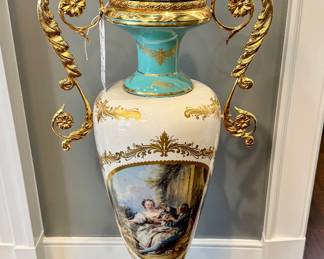 $2,600 - Limoges gold plated urn designed in “se’vres style”, 15L x 9W x 33H, 40” tall, 33” tall without lid (lid is cracked)