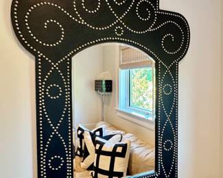 $300 - Large scale black leather wall mirror with silver nailhead trim. Excellent condition! 42L x 58H