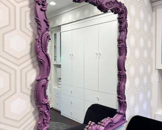 $300 - Large format, ornate Baroque style mirror with carved resin frame. Hand painted in purple. - 44L x 60H.