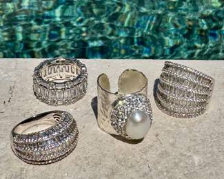 Left to right ($30 - Cascade sparkle 925 silver ring size 8) (SOLD - Cocktail ring size 5) ($34 - Pearl cigar ring size 7) ($48 - Cocktail ring size 8)