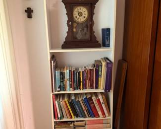 book case, books, clock