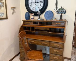 roll top desk, clock, pottery, decor