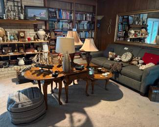 Large mirror, couch, tables, decor