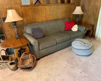 couch, baskets, tables, lamos