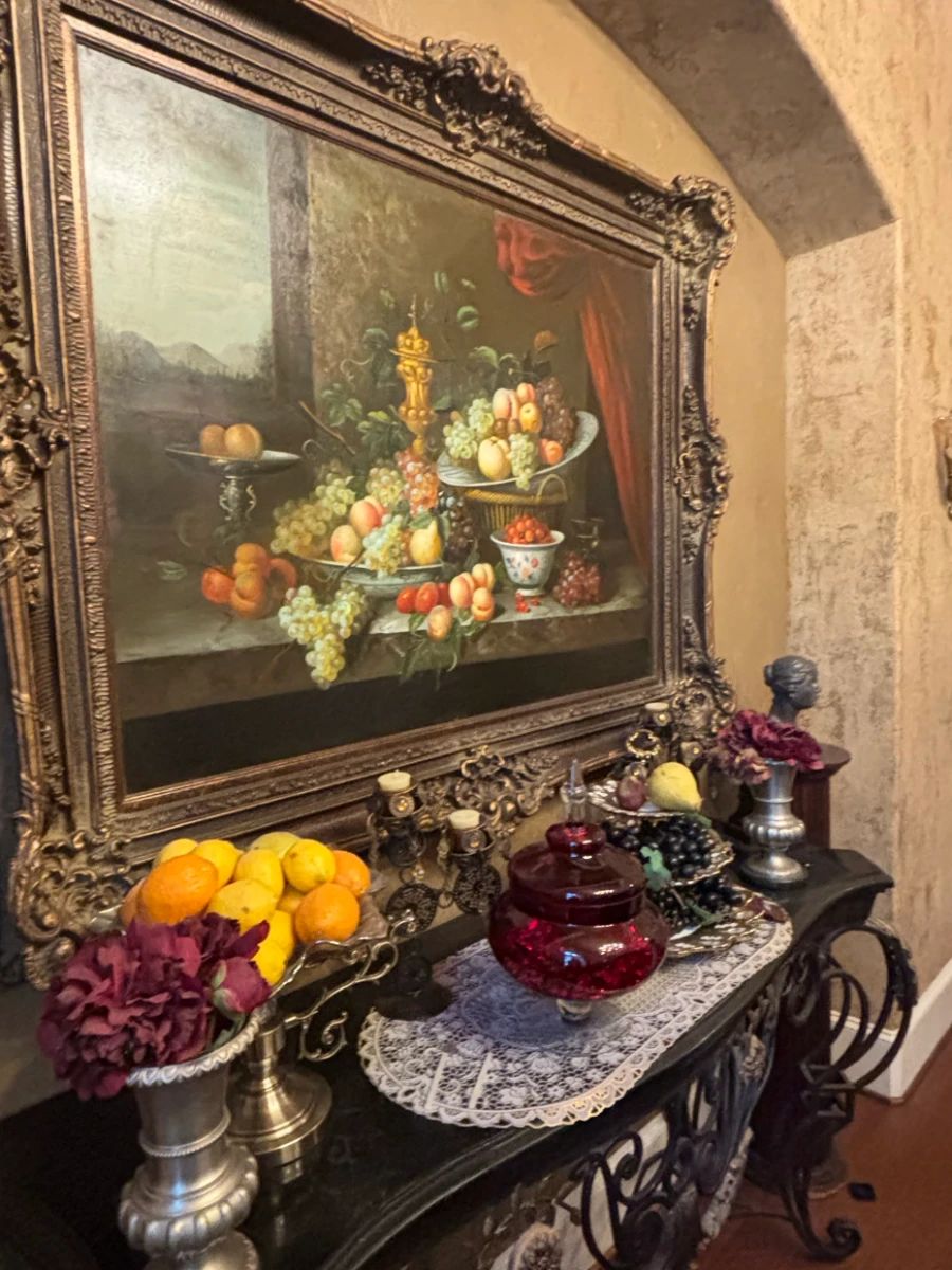 Still Life Oil Painting with Fruit in Ornate Gilt Frame