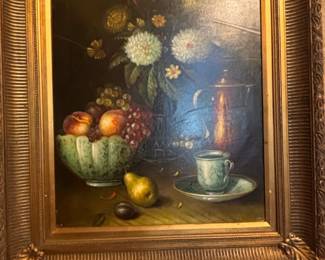 Decorative Still Life Oil Painting with Flowers, Fruit, and Tea Set