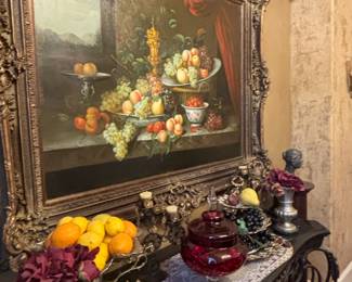Still Life Oil Painting with Fruit in Ornate Gilt Frame