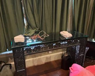 Safari Theme Carved Metal Console Table with Glass Top