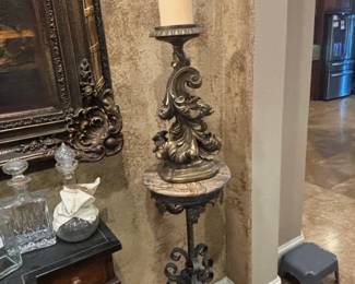 Ornate RococoStyle Metal and Marble Pedestal Candle Stand