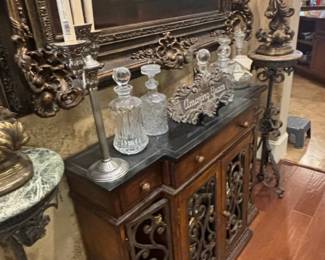 Traditional Wood and Metal Grill Door Sideboard with Marble Top