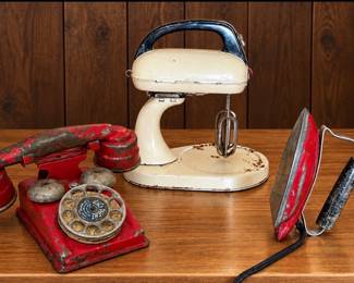 Vintage metal phone, and vintage metal mixer, vintage metal iron