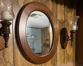 Wooden mirror w/sconces