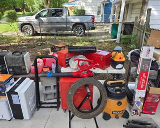 Tool chests, garage heater, gutter guards, blower, moving equipment 