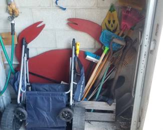 Large wooden crab; beach cart; garage supplies