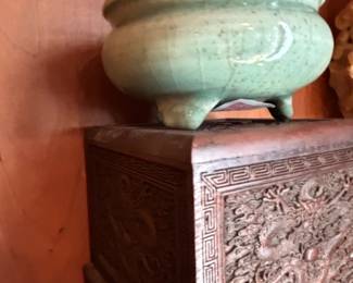 Chinese Carved Wood Dragon Stand with Celadon Incense Burner third image