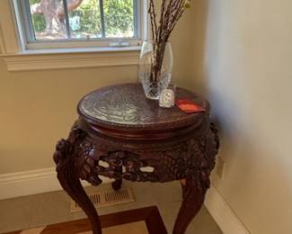 Antique Chinese Carved Rosewood Plant Stand with Marble Top