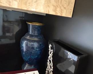 Blue Flamb Glazed Vase and Black Chinoiserie Vase