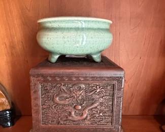 Chinese Carved Wood Dragon Stand with Celadon Incense Burner