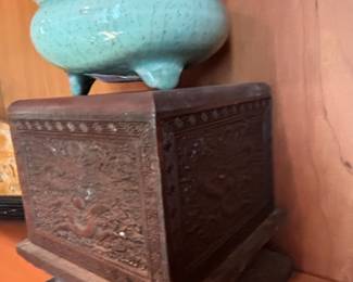 Chinese Carved Wood Dragon Stand with Celadon Incense Burner second image
