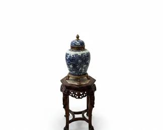 Chinese Blue and White Porcelain Ginger Jar on Carved Wooden Stand