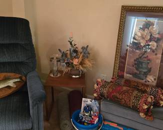 Vintage LaZyboy recliner, side table is Danish, but legs will need a little TLC. That table is kind of bowlegged. Yep, that's a skinny fish in the recliner. I'm not kicking him out! You kick him out!! I don't even know if it's a him!!