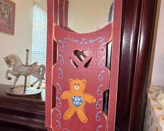 Hand-Painted Wooden Sleigh Wall Hanging with Teddy Bear