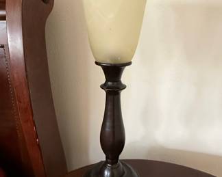 Dark Bronze Turned Pedestal Table Lamp with Frosted Glass Shade