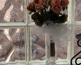 Artificial Pink Roses in Cylinder Vase with Tulle Accent