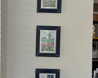 Set of Three Framed Garden Watercolor Prints with Birdhouses