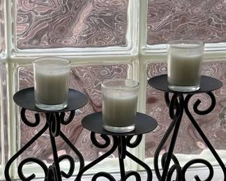 Wrought Iron Scrollwork Pillar Candle Holder Set
